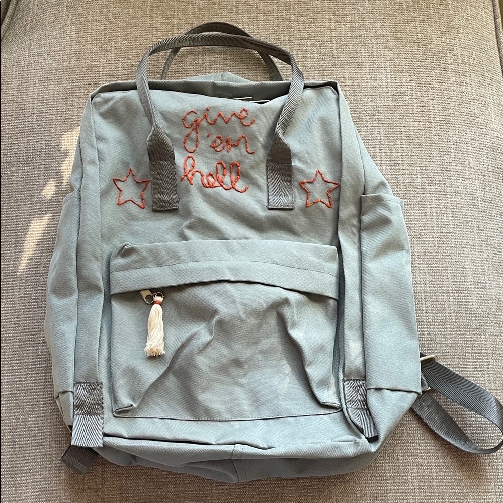 Gray Backpack with Hand Embroidered Design